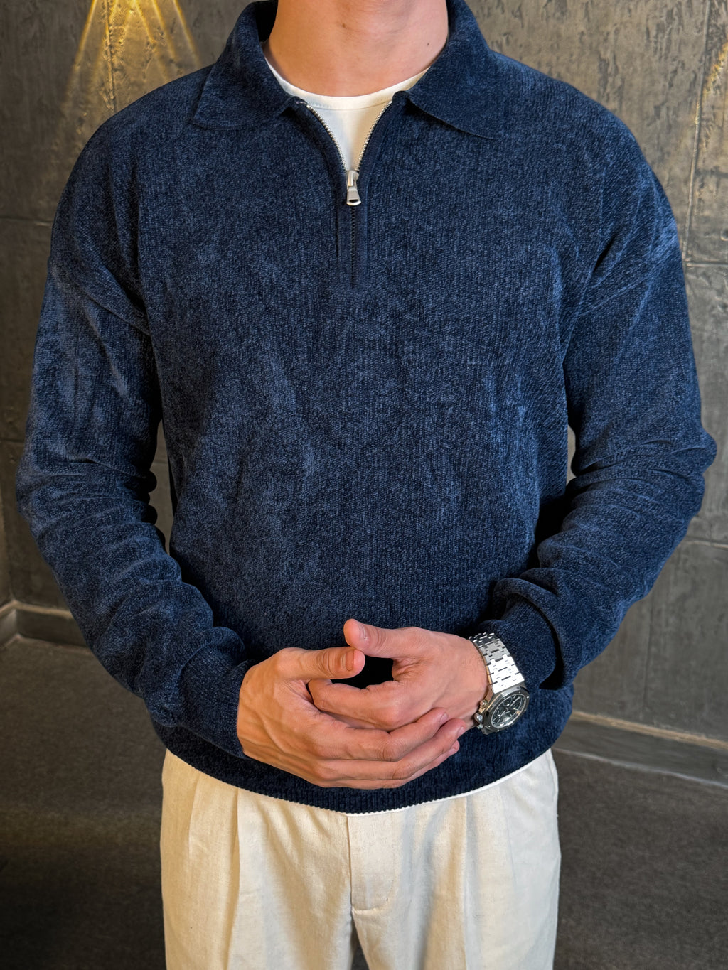 Velvet Striped Sweater in Navy