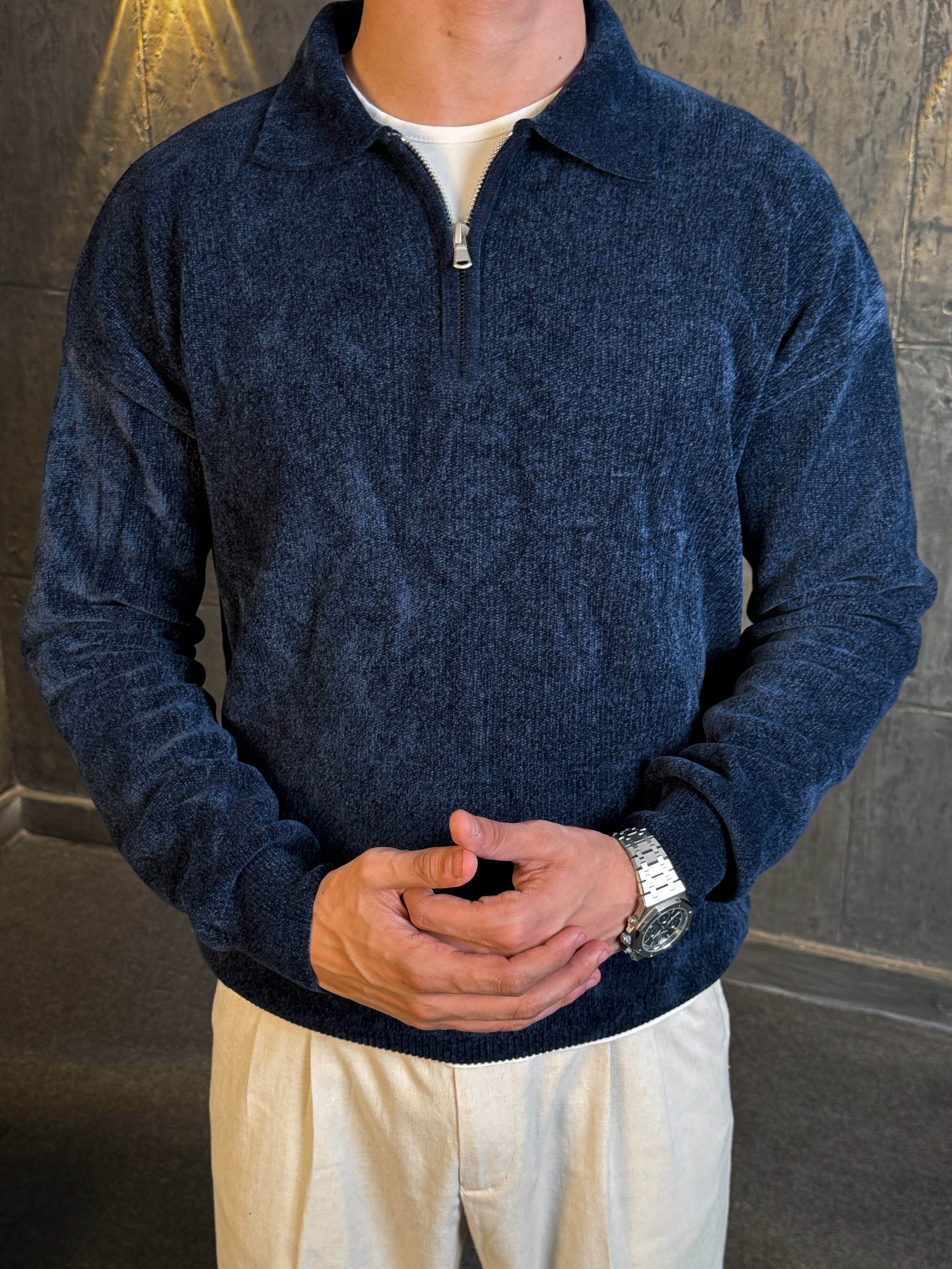 Velvet Striped Sweater in Navy