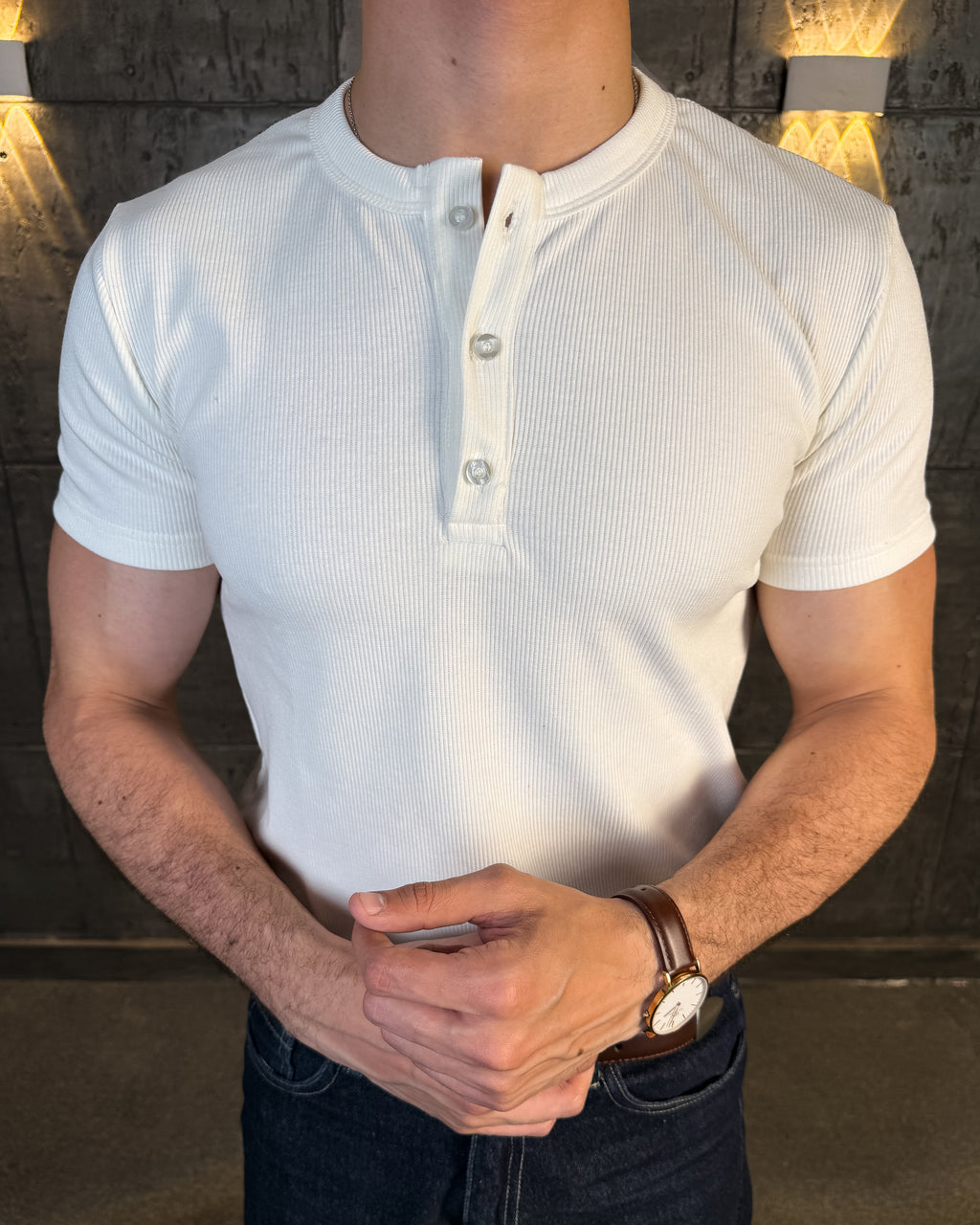 KEMIT’s Slim Fit Ribbed Henley Shirt - In White