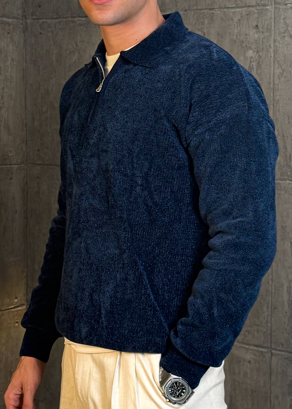 Velvet Striped Sweater in Navy