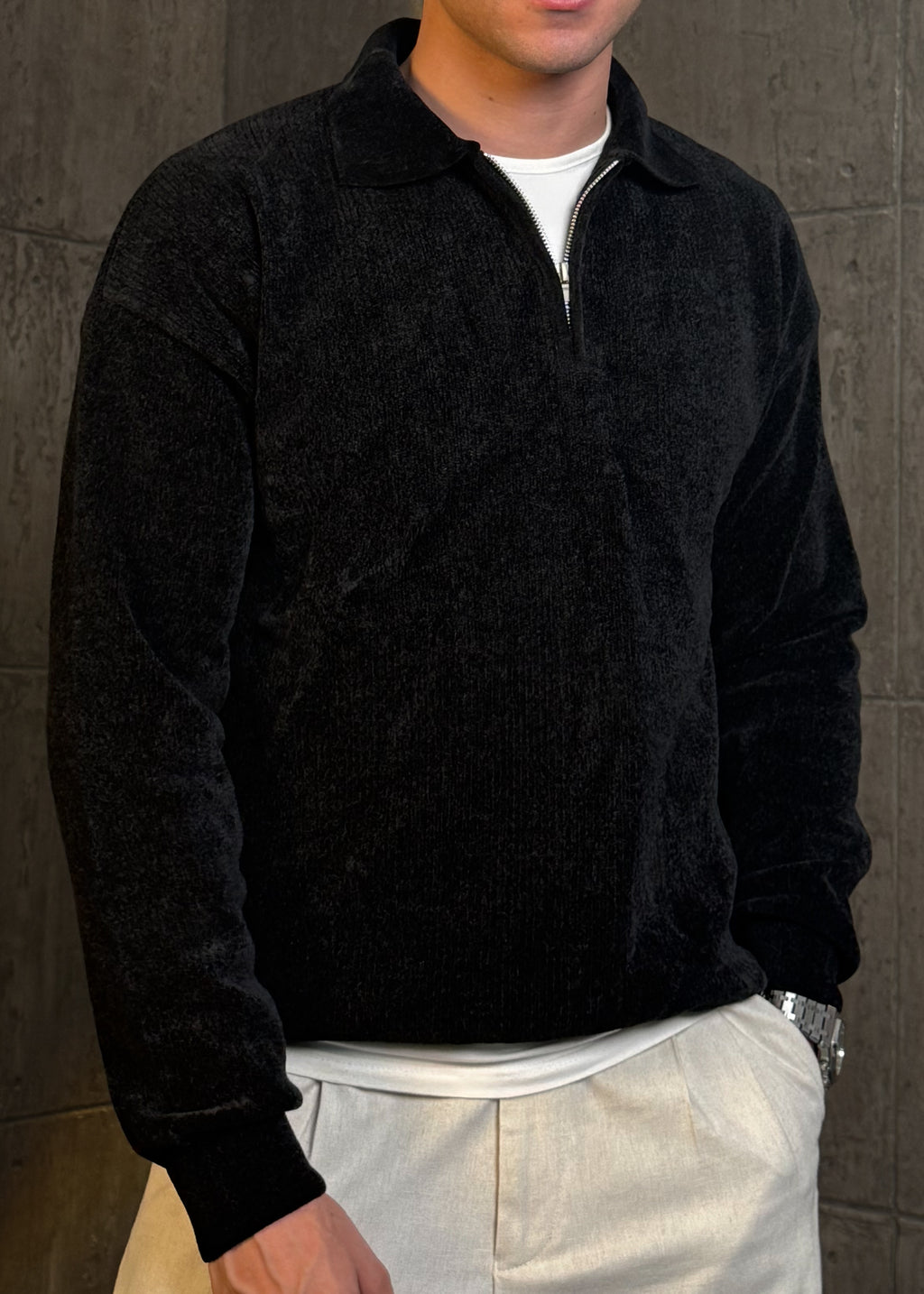 Velvet Striped Sweater in Black