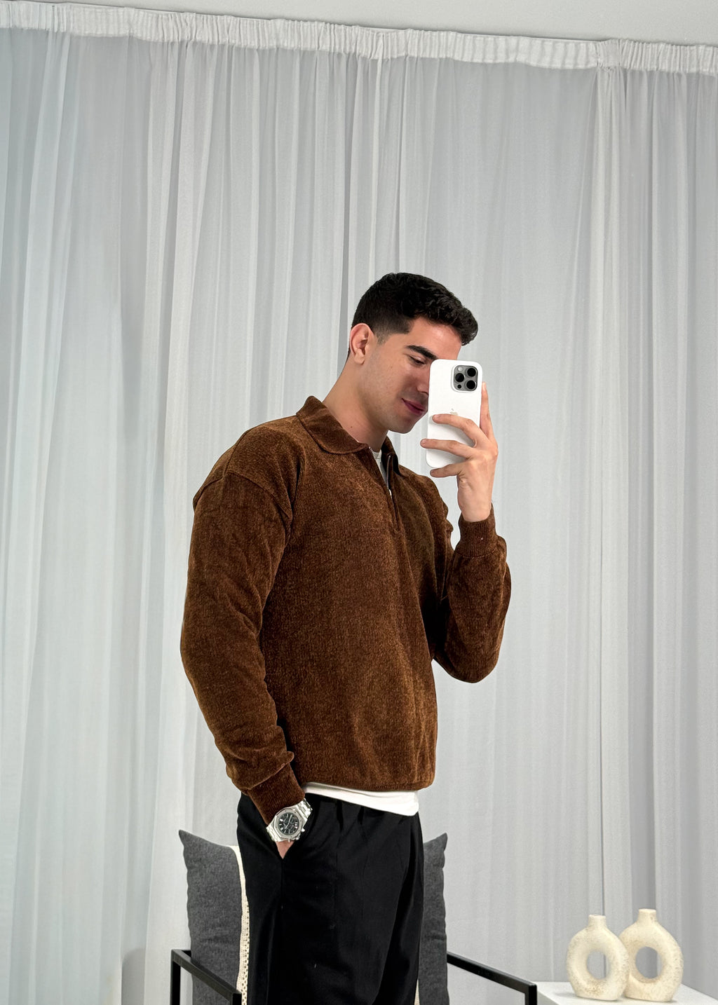 Velvet Striped Sweater in Brown