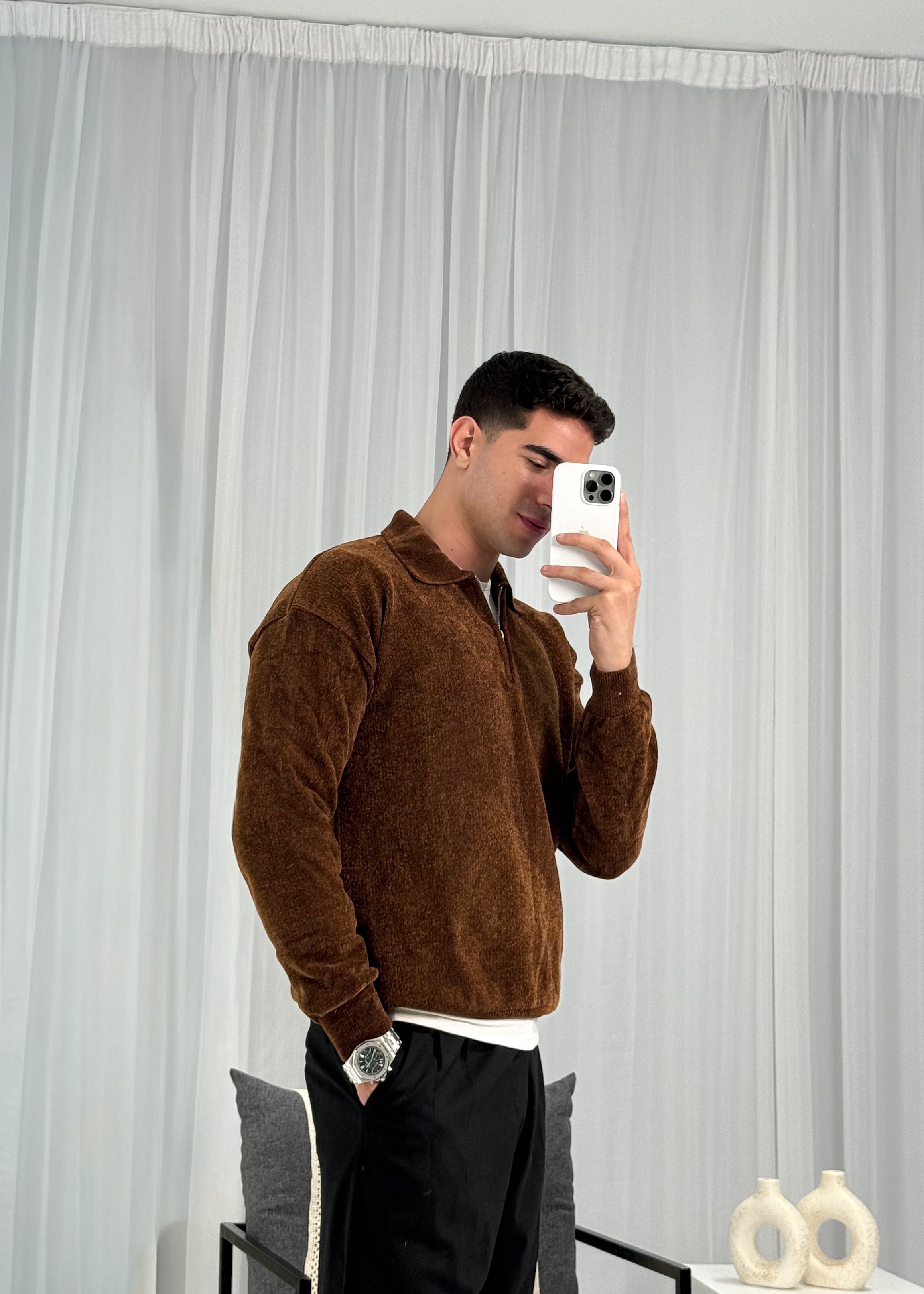 Velvet Striped Sweater in Brown