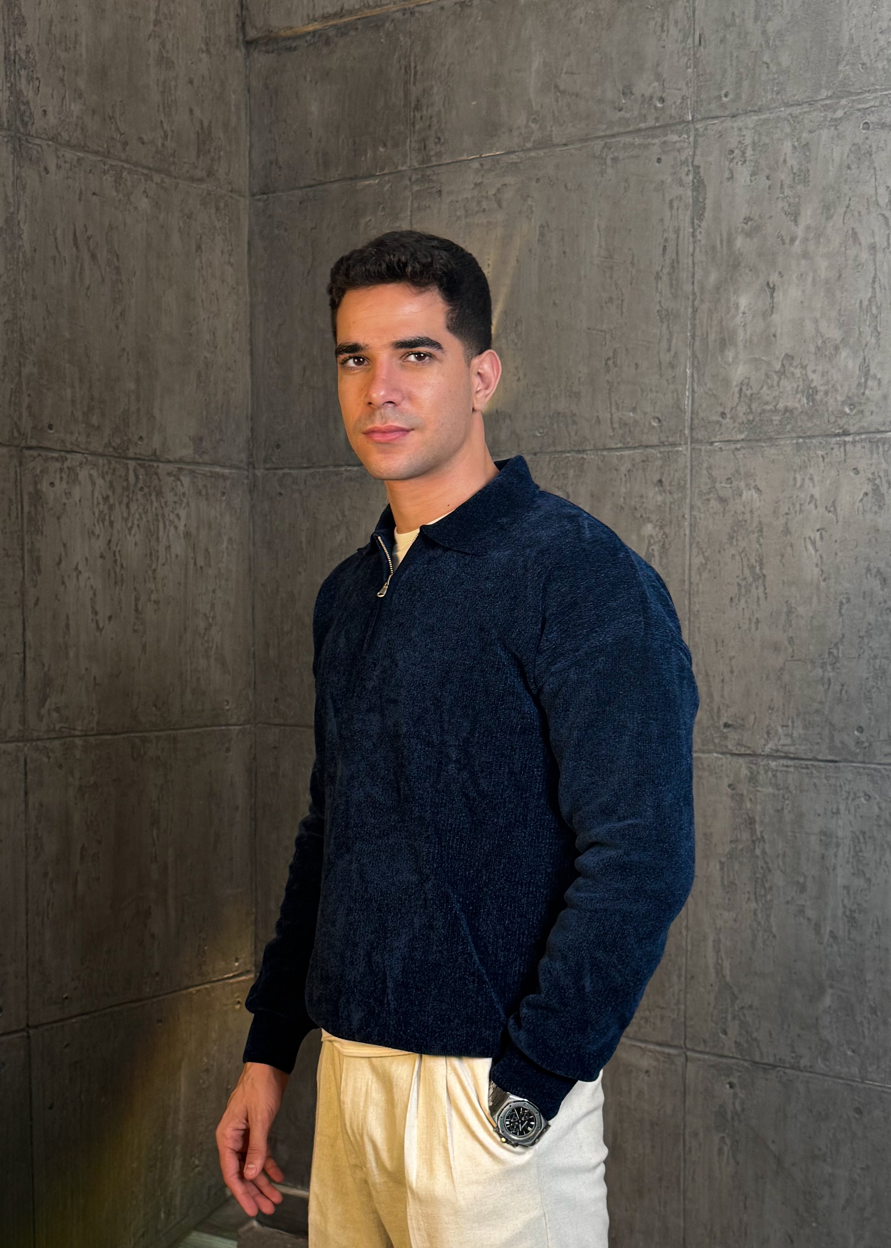 Velvet Striped Sweater in Navy