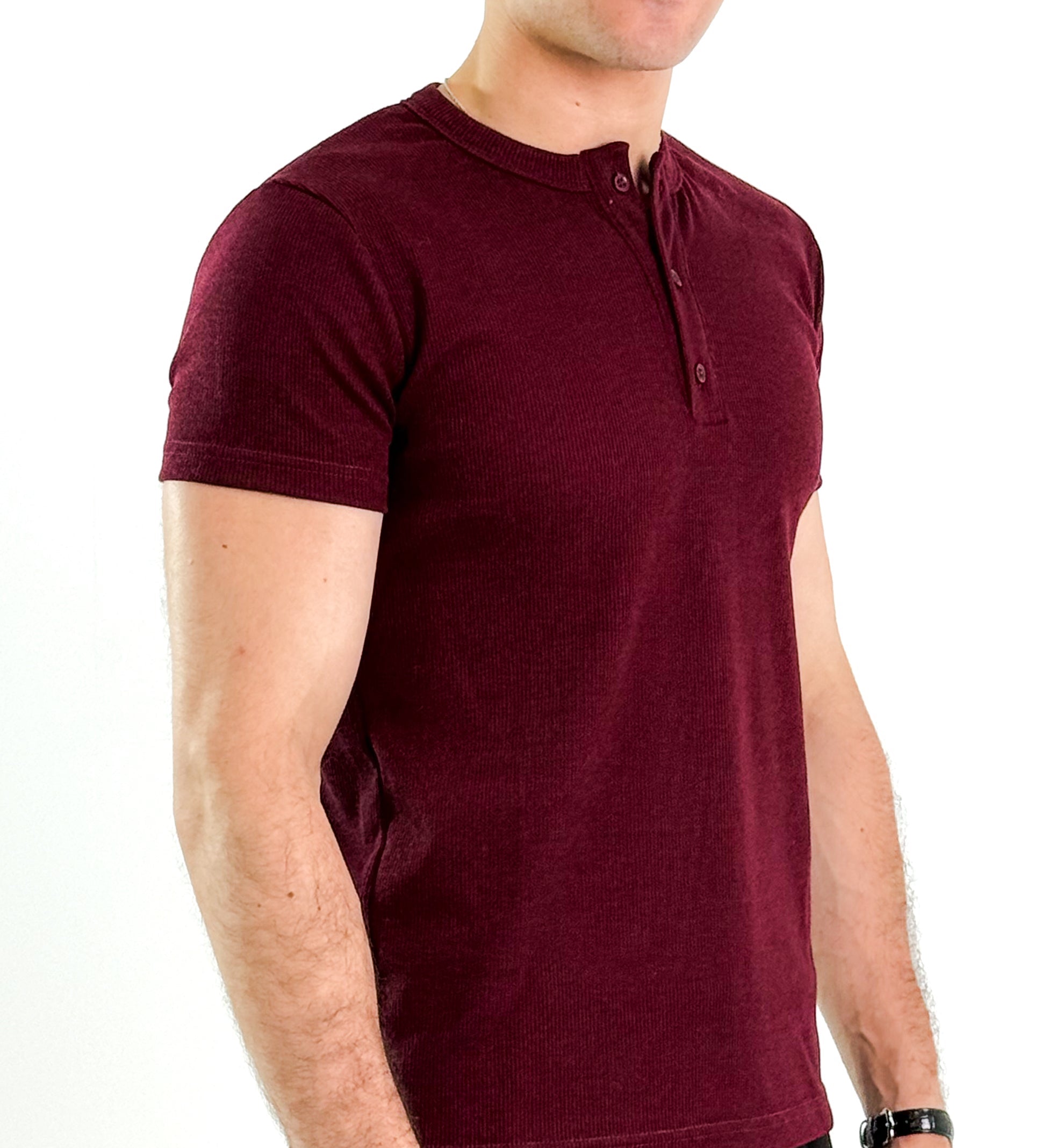 KEMIT’s Slim Fit Ribbed Henley Shirt - In Burgundy