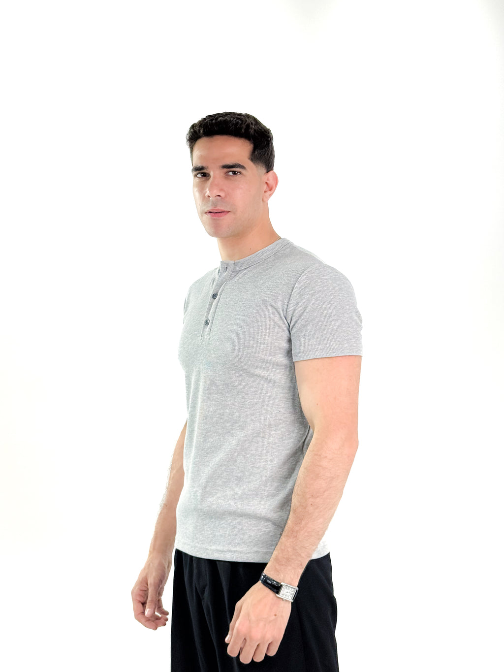 KEMIT’s Slim Fit Ribbed Henley Shirt - In Heather Grey