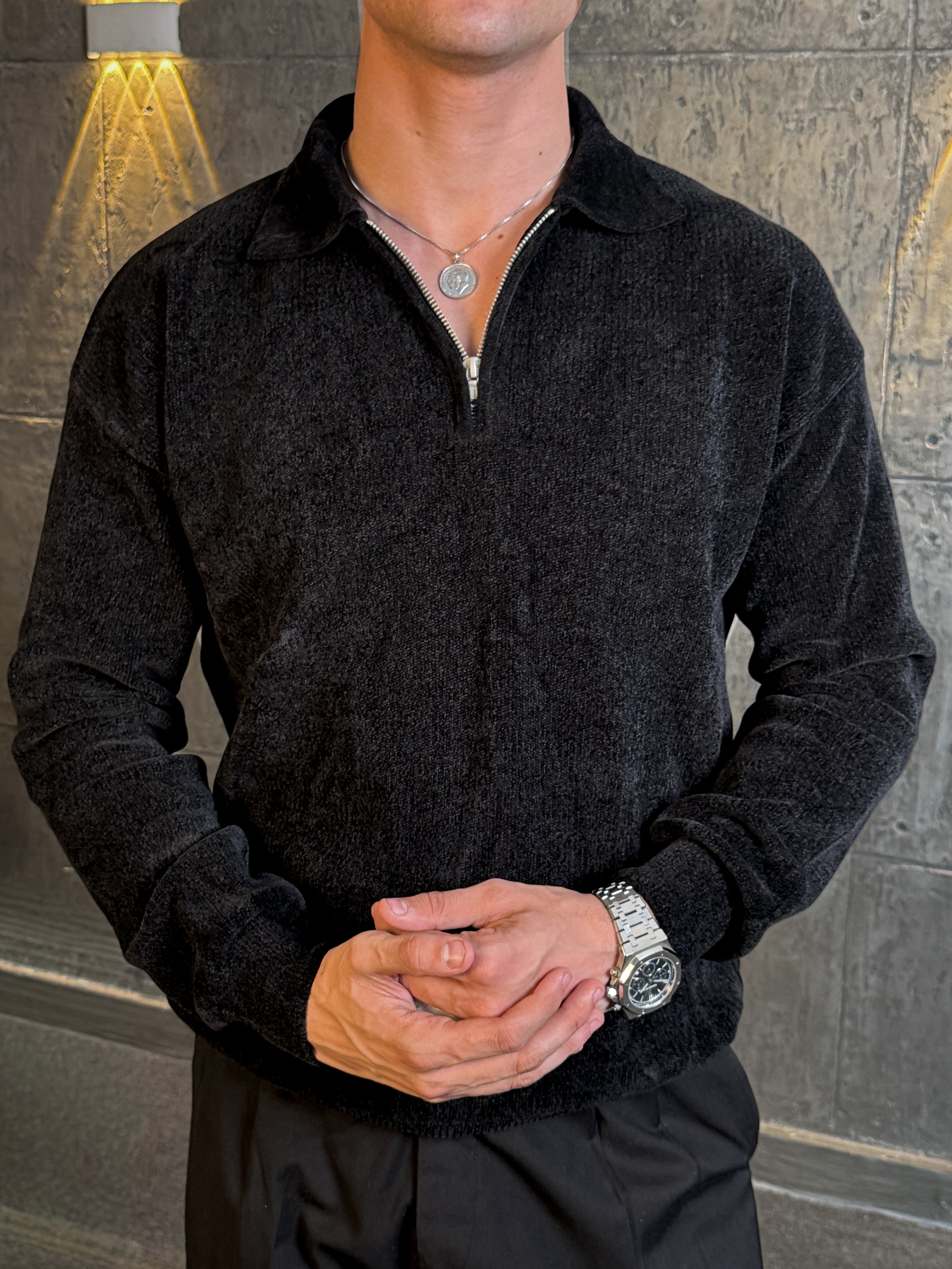 Velvet Striped Sweater in Black