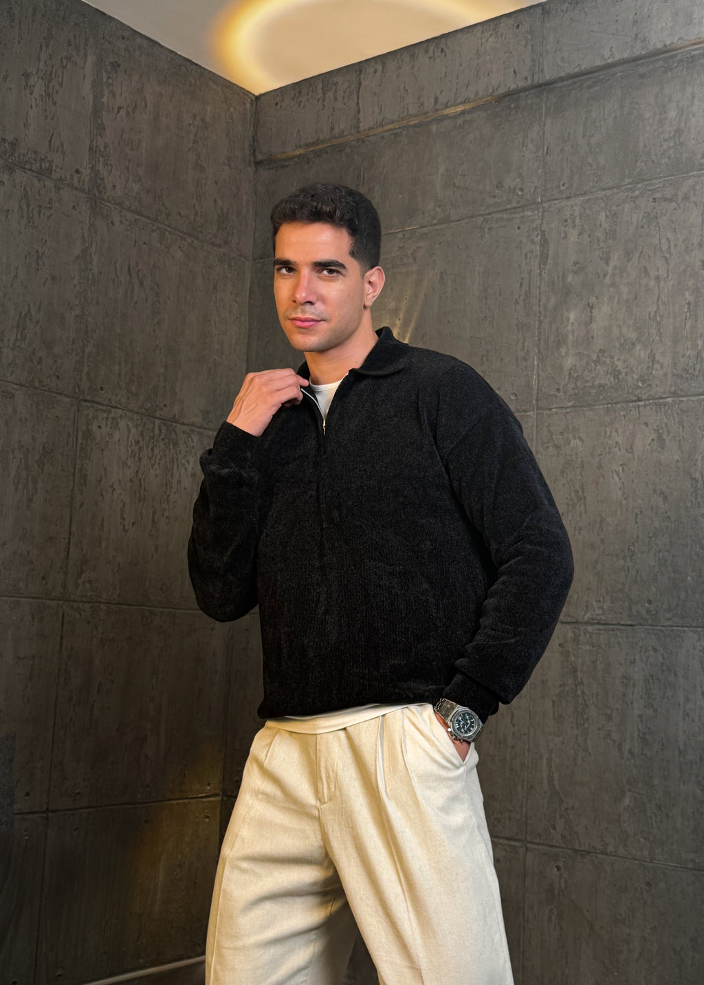 Velvet Striped Sweater in Black