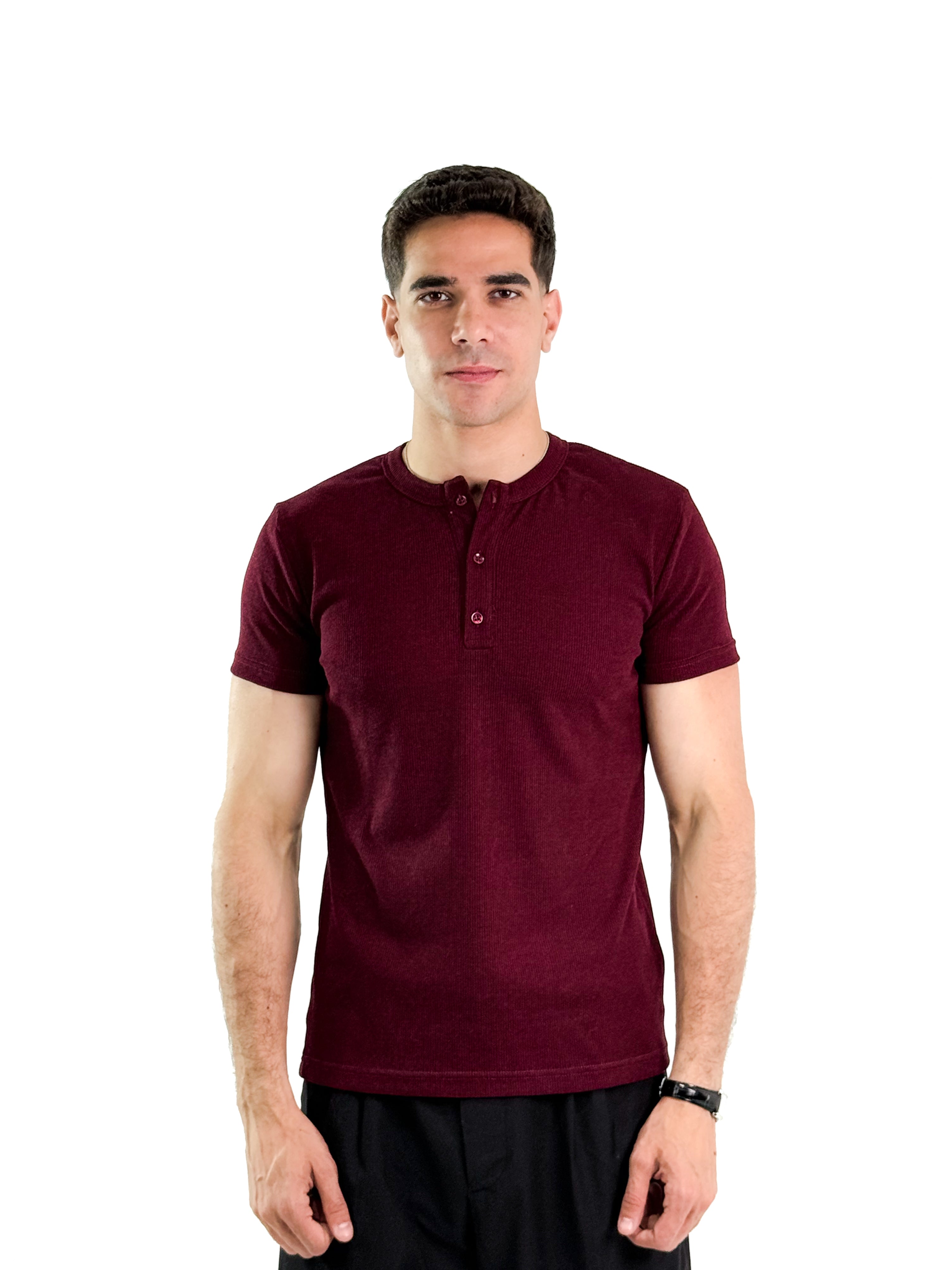KEMIT’s Slim Fit Ribbed Henley Shirt - In Burgundy