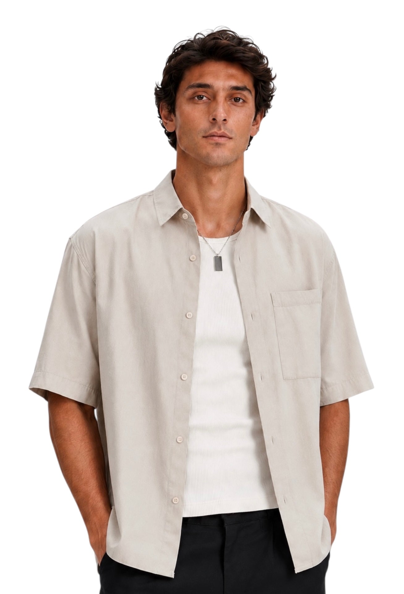 KEMIT’s Relaxed Boxy Fit Short Sleeve Shirt - Beige