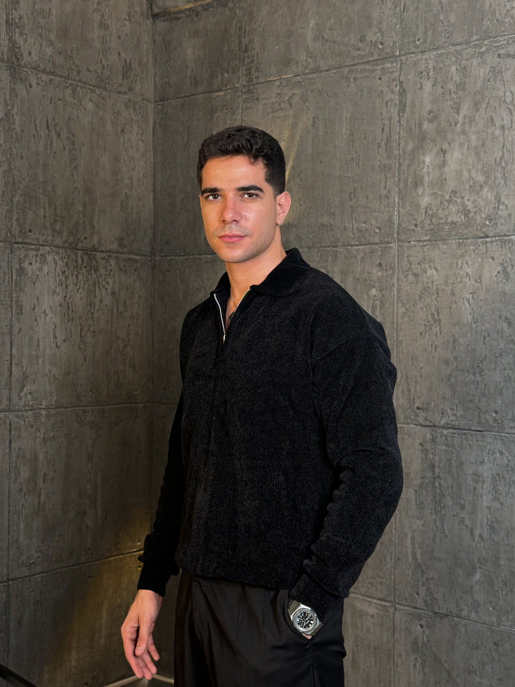 Velvet Striped Sweater in Black