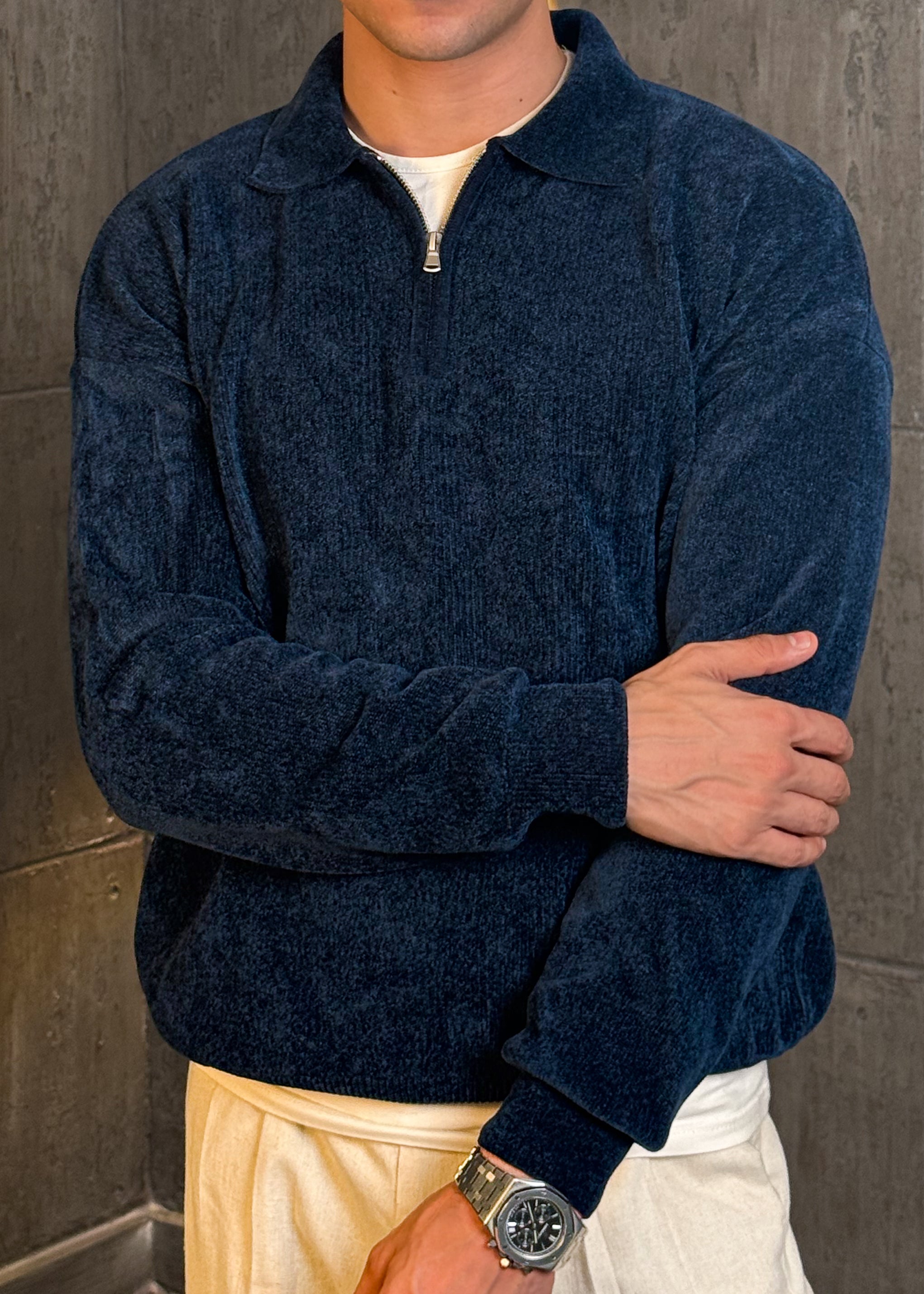 Velvet Striped Sweater in Navy