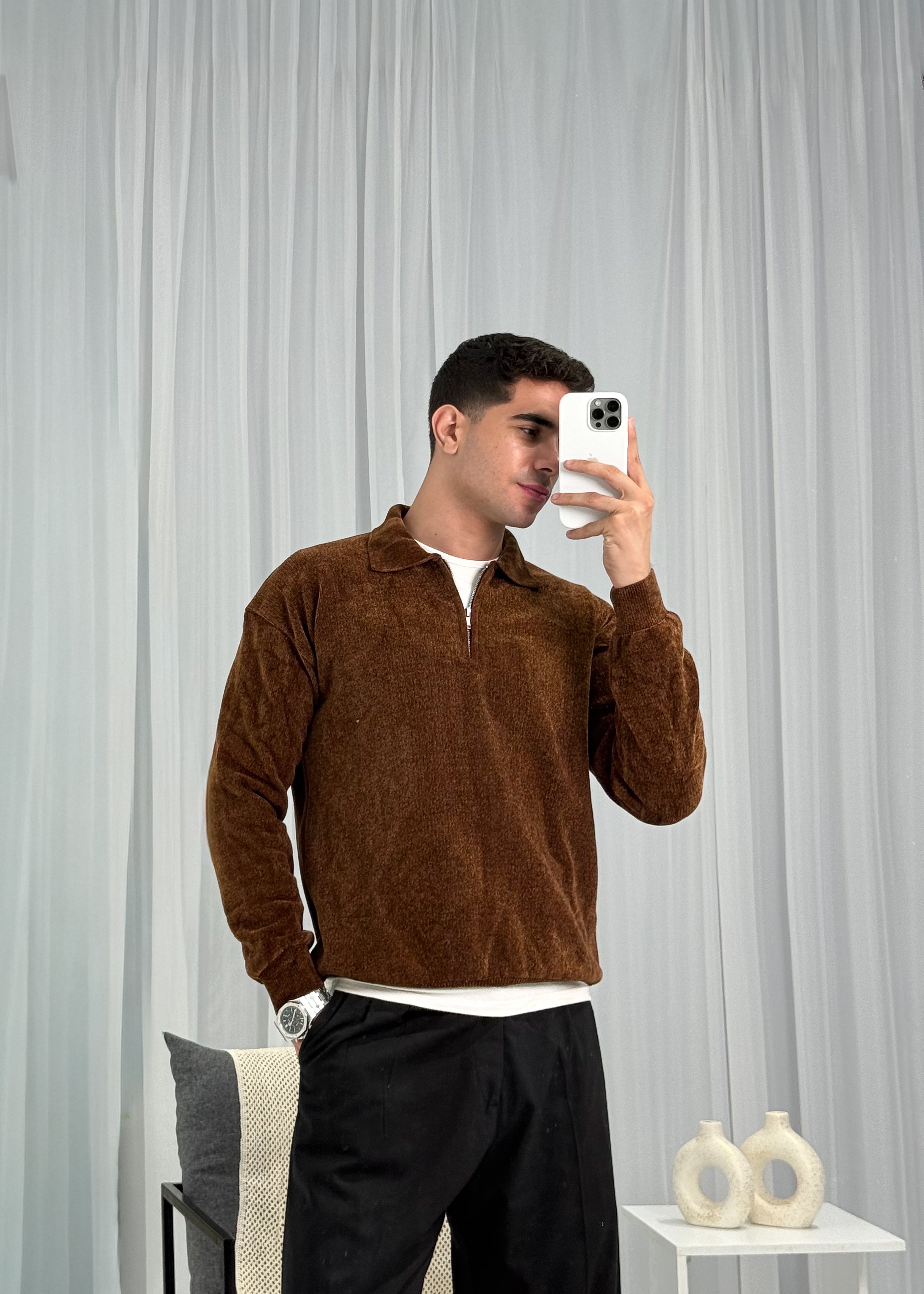 Velvet Striped Sweater in Brown