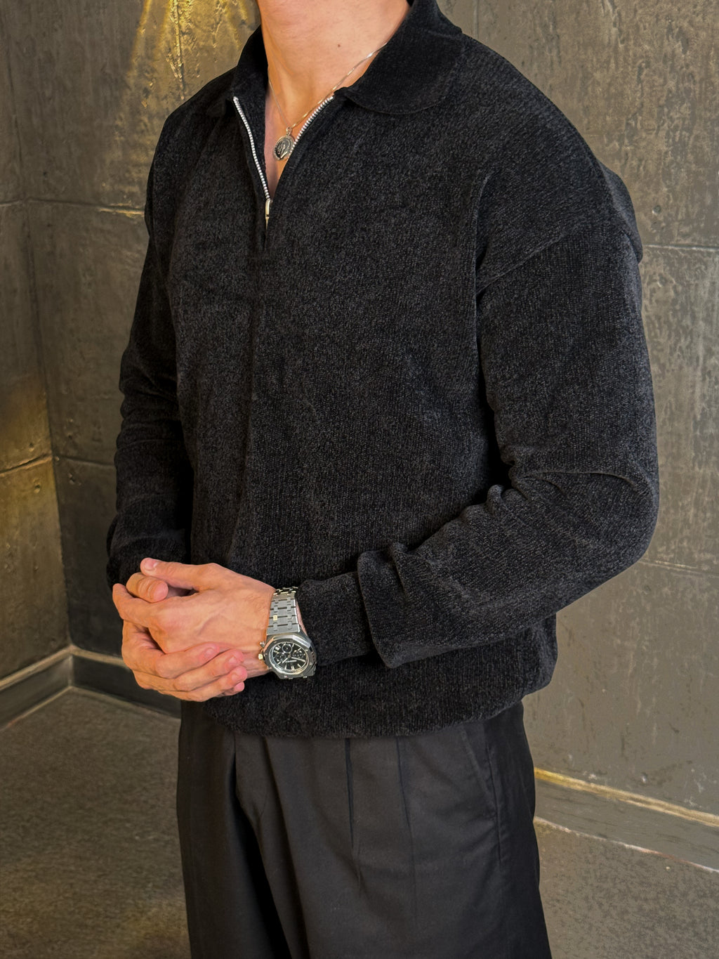 Velvet Striped Sweater in Black