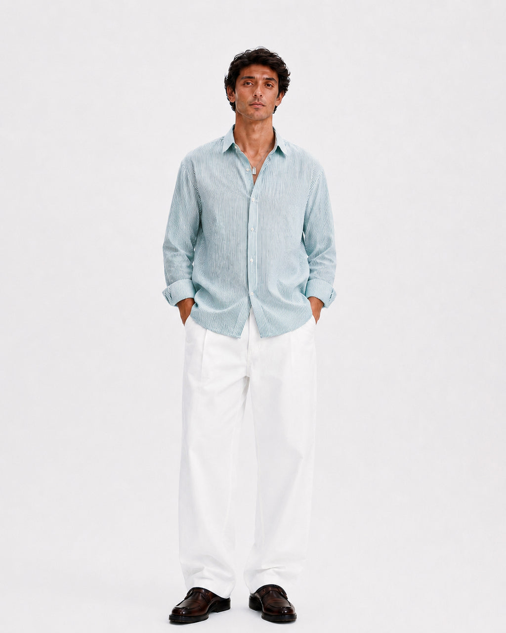 Striped Linen Shirt - Seafoam Green