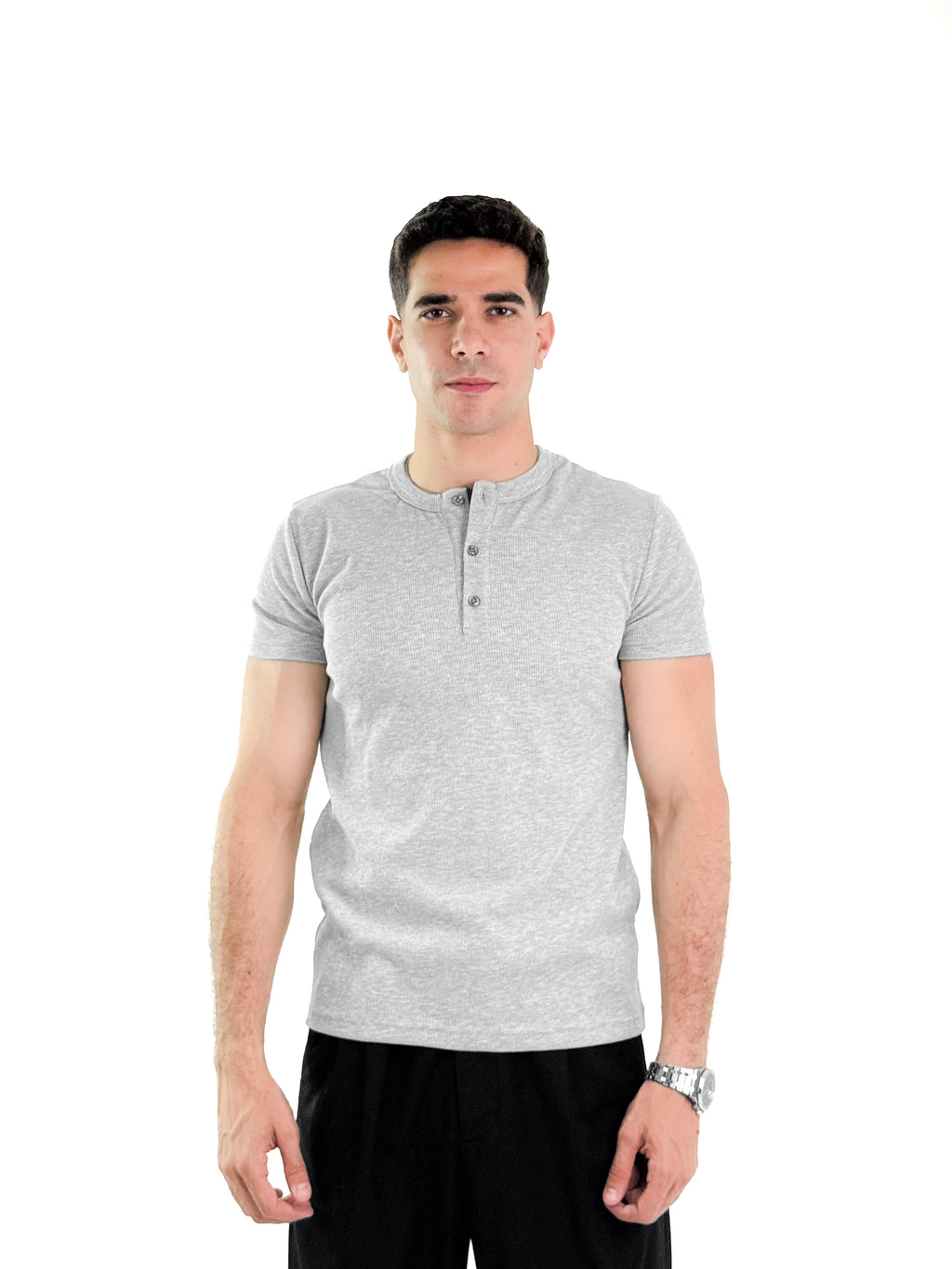 KEMIT’s Slim Fit Ribbed Henley Shirt - In Heather Grey