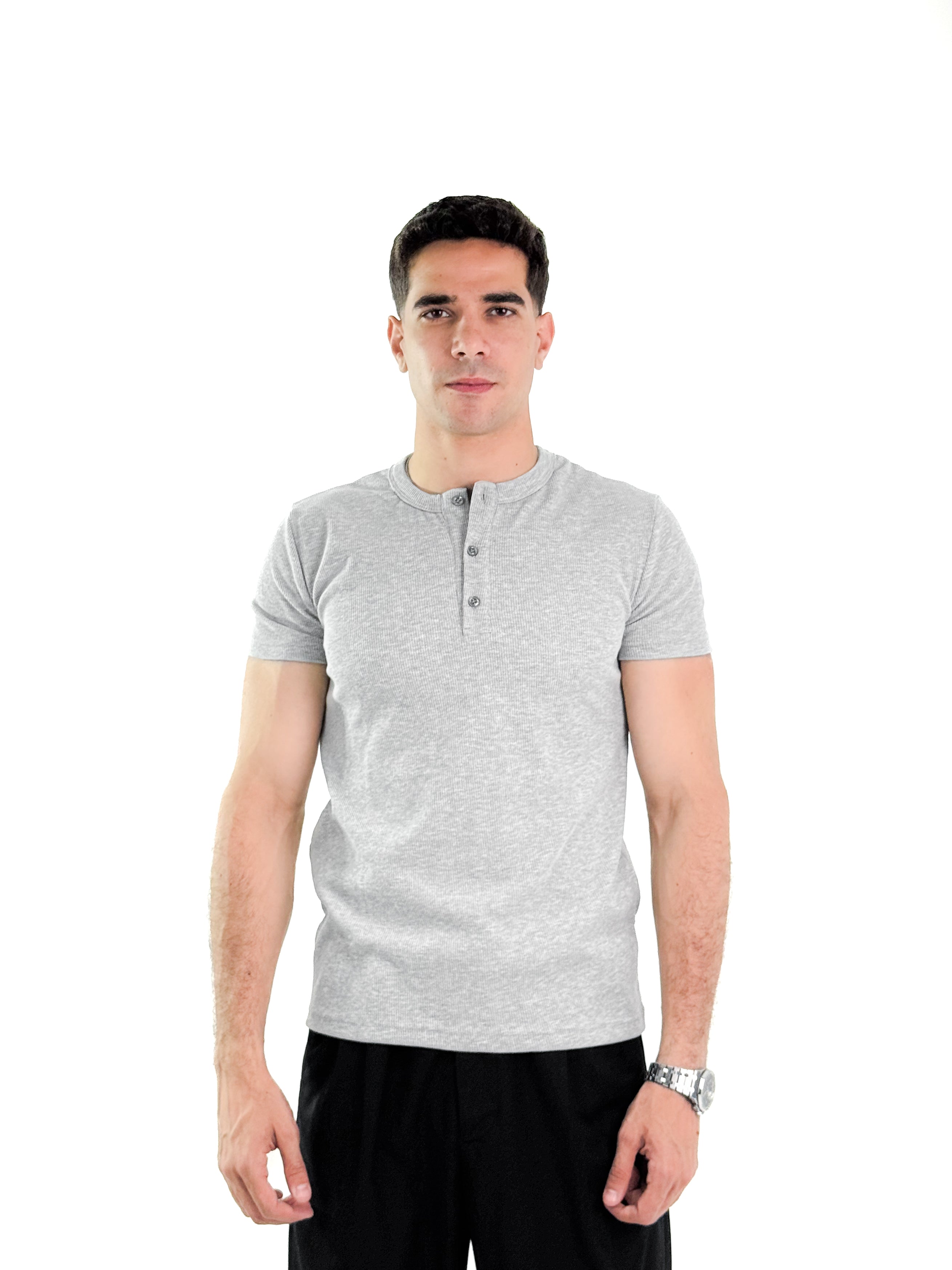 KEMIT’s Slim Fit Ribbed Henley Shirt - In Heather Grey