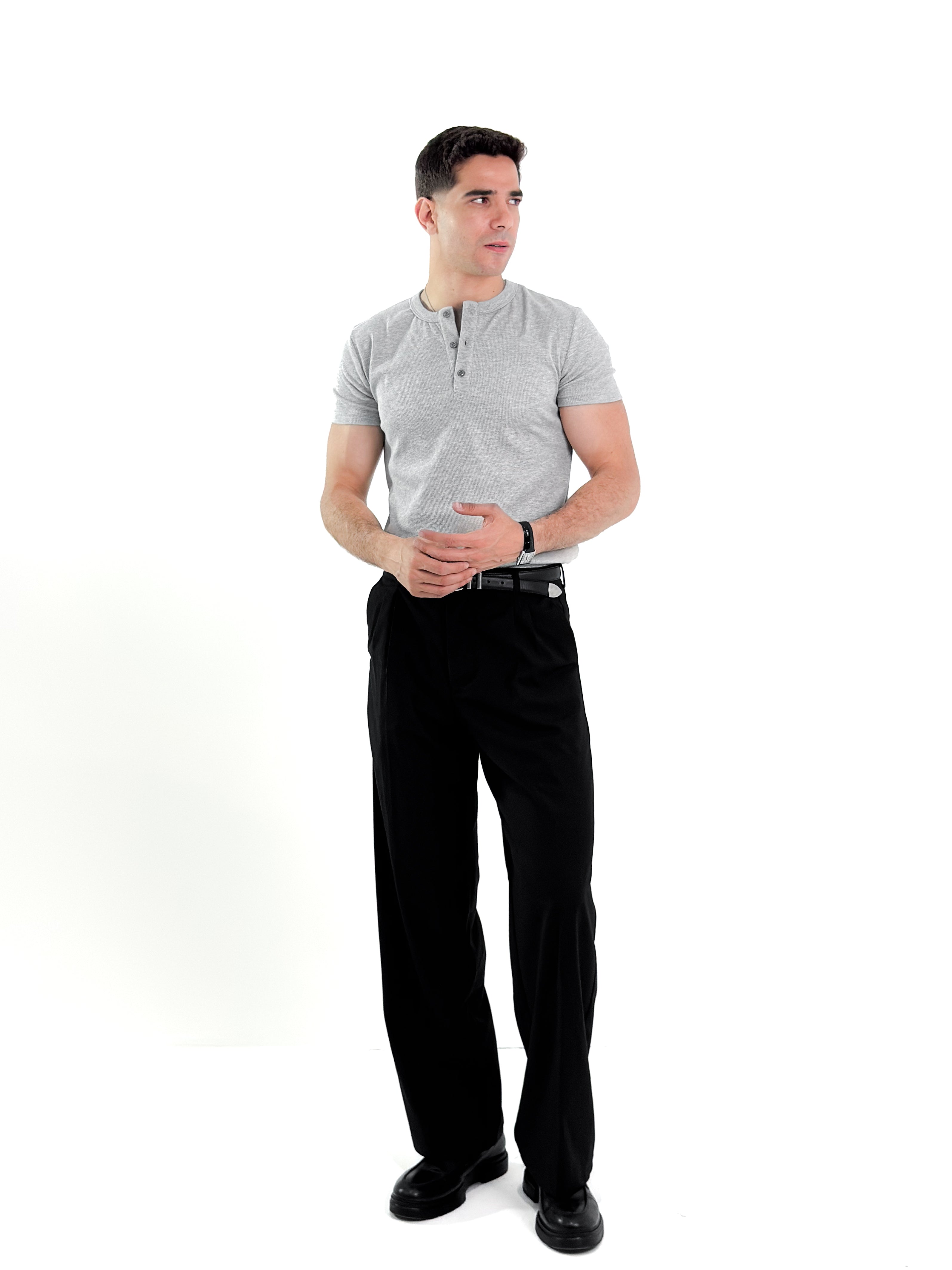KEMIT’s Slim Fit Ribbed Henley Shirt - In Heather Grey